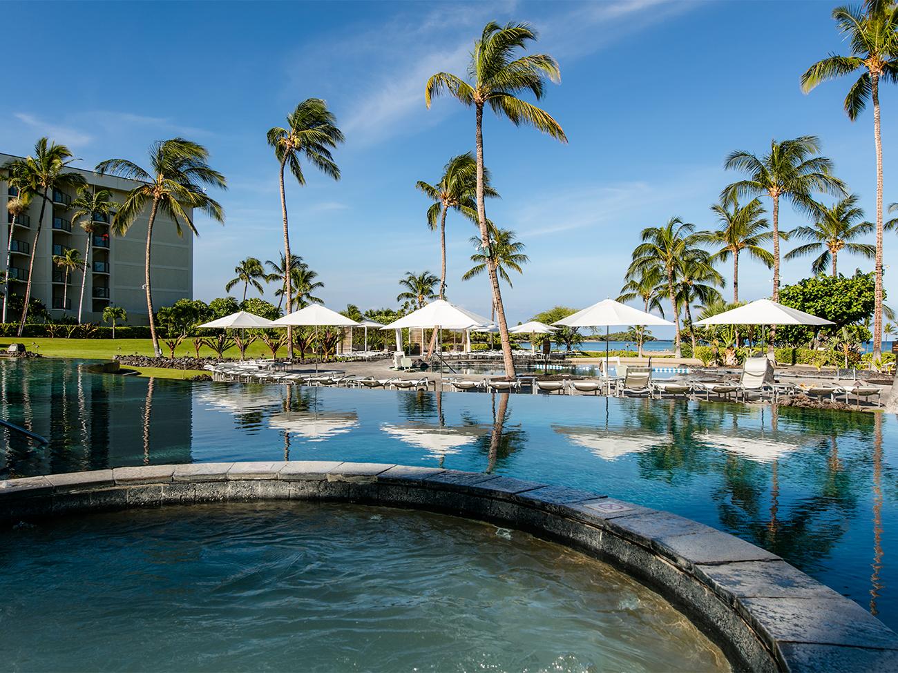 Exterior and outdoor pool at Marriott's Waikoloa Ocean Club timeshare resort location